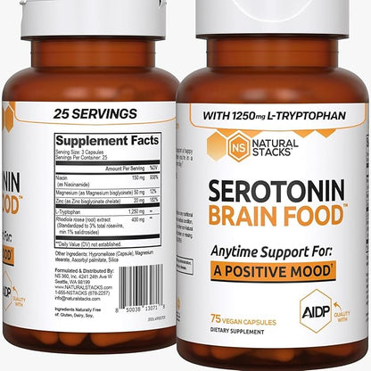 NATURAL STACKS Serotonin Brain Food w/L-Tryptophan & Rhodiola Rosea - Mood Support Supplement - Promotes Positive Mood, Calmness, Stress Relief - Happy Mood & Brain Support Supplement - 75 Capsules