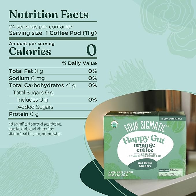 Four Sigmatic Happy Gut Organic Coffee Pods | Medium Roast Probiotic K Cups with Chaga and Turkey Tail | Immune Boosting, Probiotic Mushroom Coffee K Cups for Gut Health and Immune Support | 24 Count