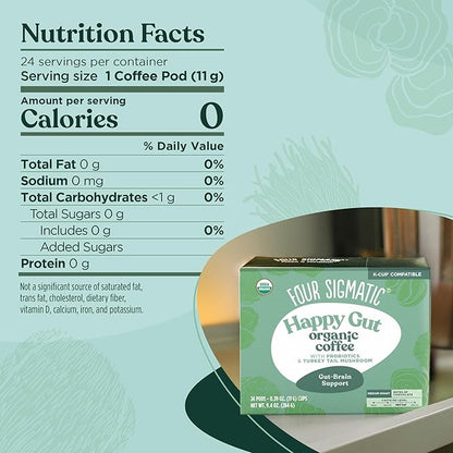 Four Sigmatic Happy Gut Organic Coffee Pods | Medium Roast Probiotic K Cups with Chaga and Turkey Tail | Immune Boosting, Probiotic Mushroom Coffee K Cups for Gut Health and Immune Support | 24 Count