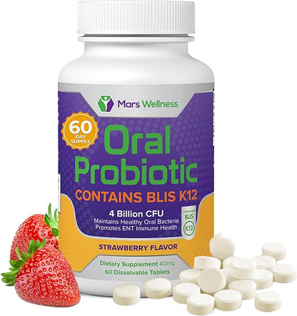 Oral Probiotic Supplement with BLIS K12 4 Billion CFU - Now Dairy Free 60 Day Supply Bottle for Bad Breath, Strep, Cavities, Gum Oral and Dental Health - Sugar Free - USA Made - 60 Count