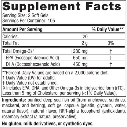 Nordic Naturals Ultimate Omega, Lemon Flavor 210 Soft 1280 mg Omega-3 - Omega-3 Fish 105 Servings