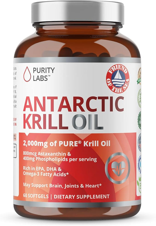 Purity Labs Antarctic Krill Oil 2000mg Omega-3 with 800mcg Supplements 3, Fatty 60 Softgels
