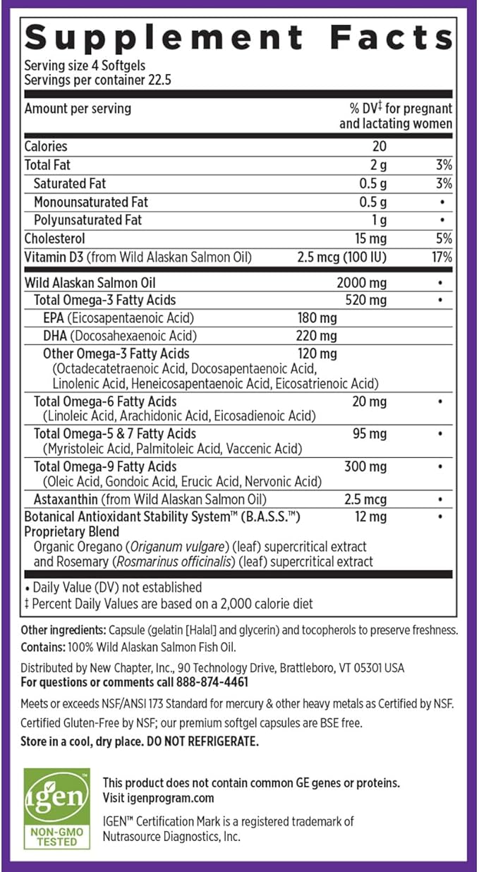 New Chapter Wholemega for Moms Fish Omega-3 + D3 for 90 ct, 500mg Softgels