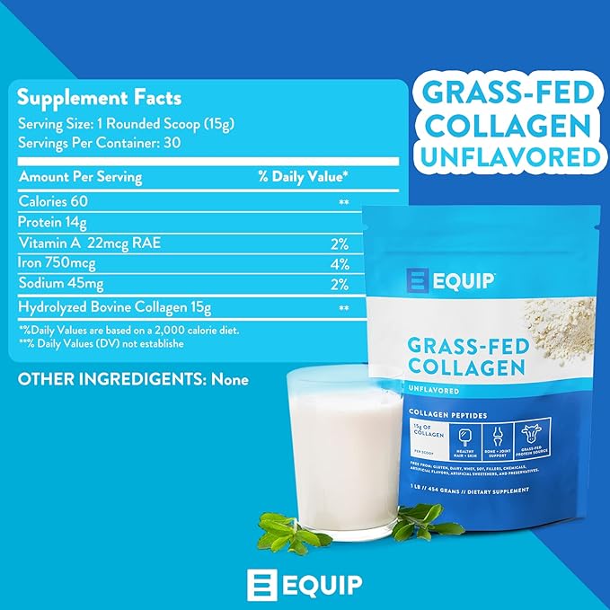 Equip Foods Grass Fed Collagen Powder -100% Hydrolyzed 1 Pound,