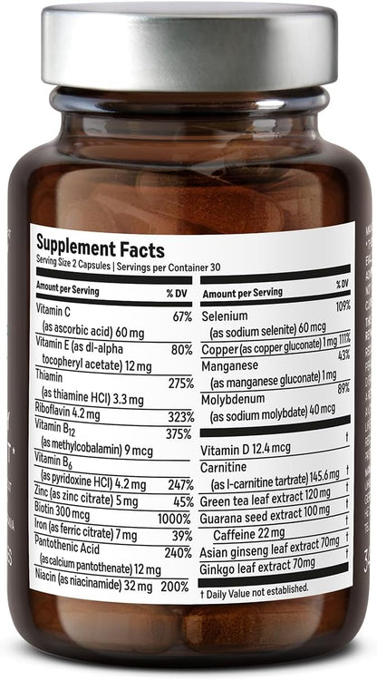CLAV® N°3 Vitality Support - Vegan Multivitamin - Energy & Focus Supplement - Vitamin B Complex - Guarana, Ginseng, Ginkgo Extract - 60 Capsules - 1 Month