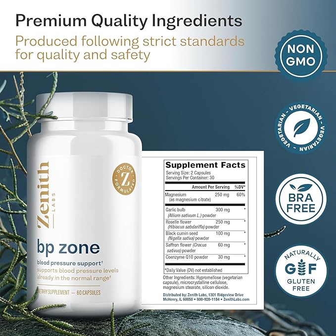 Zenith Labs BP Zone Natural Blood Pressure Supplement Advanced Formula Blood Pressure Capsules - Herbal Extract Pills to Help Lower BP Naturally - Circulatory, Cardiovascular Health Support