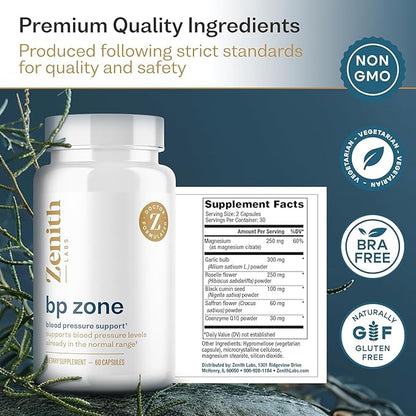 Zenith Labs BP Zone Natural Blood Pressure Supplement Advanced Formula Blood Pressure Capsules - Herbal Extract Pills to Help Lower BP Naturally - Circulatory, Cardiovascular Health Support