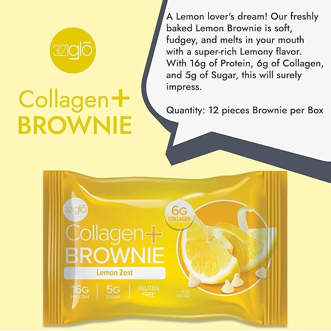 321glo Collagen Protein Brownie | Gluten Free, Low Sugar | Keto Snack for Women, Men, & Kids | 16g Protein, 6g Collagen | 12 Pack (12 Pack, Lemon Zest)