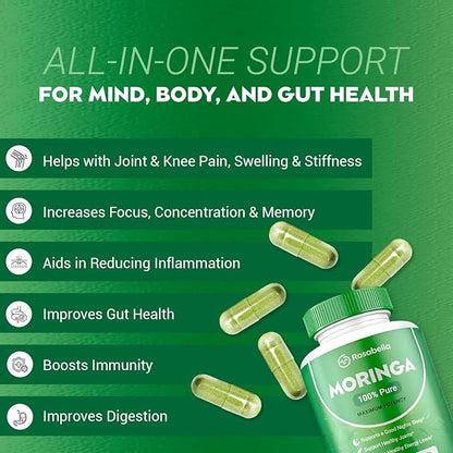 Moringa Powder Capsules - Pure Nutrient-Rich Moringa Powder - A Natural Green Antioxidant Superfood - Supports Energy, Skin Health, Gut Health+ - w/Essential Vitamins & Amino Acids A1 - Pack of 4