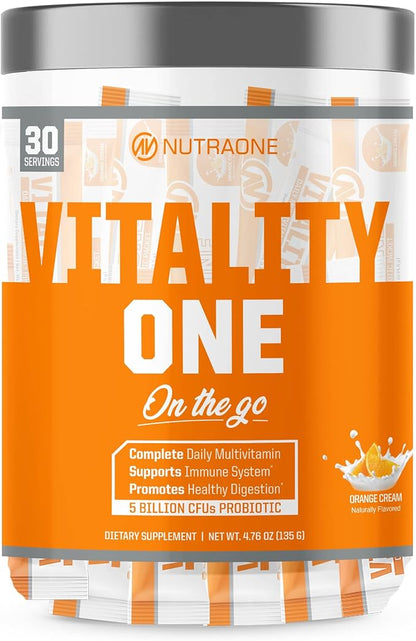 NutraOne VitalityOne On The Go Complete Multivitamin, Probiotic and Enzyme Blend Orange Cream – 30 Servings
