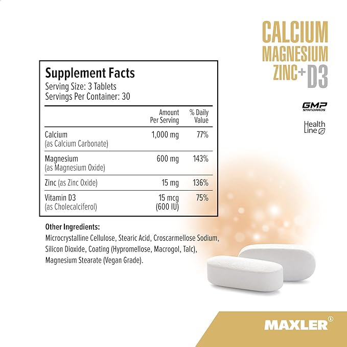 Maxler Calcium Magnesium Zinc Plus Vitamin D3 1000mg Magnesium 600mg Zinc 15mg Vitamin D3 600IU 600IU - 90 Calcium D3 Tablets