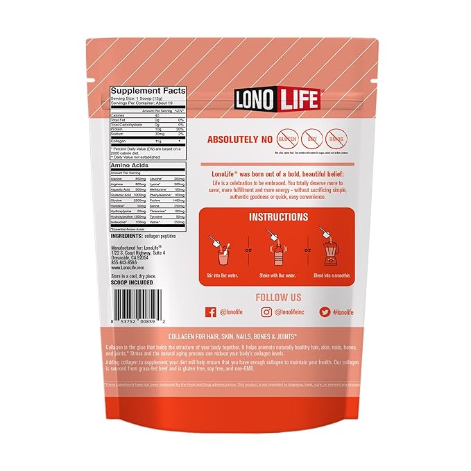 LonoLife - Unflavored Collagen Peptides 10g Protein, 8-Ounce Bulk