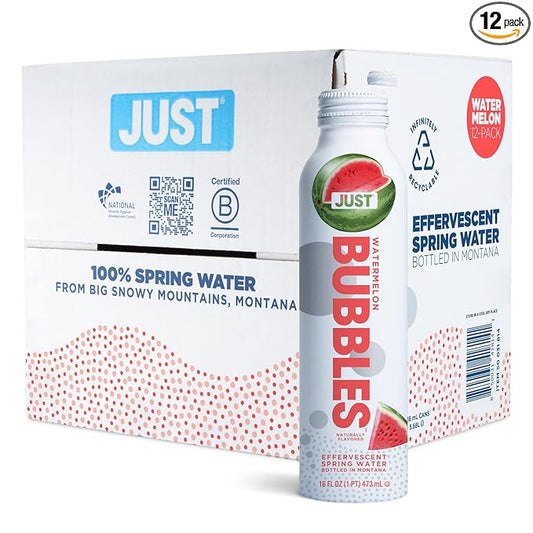 JUST Bubbles Watermelon - Pure Premium Sparkling Spring Water in a Fully Recyclable Reusable Eco-Friendly Bottle - 100% Mountain-Sourced Carbonated Water with Naturally Occurring Minerals, 16 Fl Oz