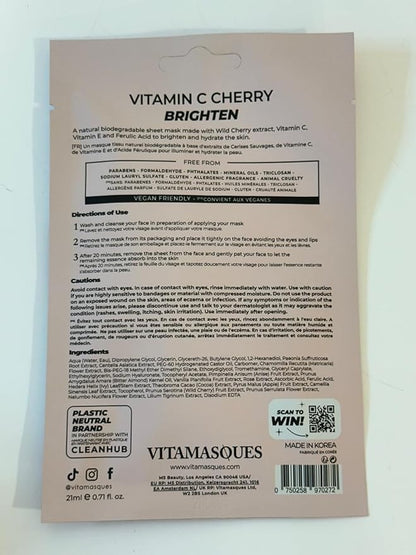 Vitamasques Vitamin C Cherry Face Sheet Mask 7 Pack - Brightens, Protects & Boosts Hydration with Antioxidants, Vitamin C and Ferulic Acid - Natural - Vegan, Free from Parabens & Gluten