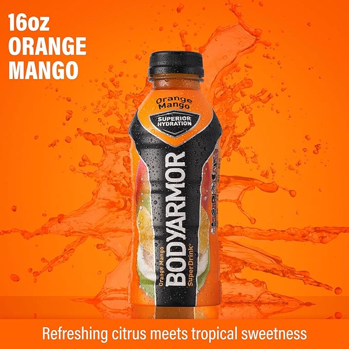 BODYARMOR Sports Drink Sports Beverage, Orange Mango, Coconut Water Hydration, Natural Flavors With Vitamins, Potassium-Packed Electrolytes, Perfect For Athletes, 16 Fl Oz (Pack of 12)