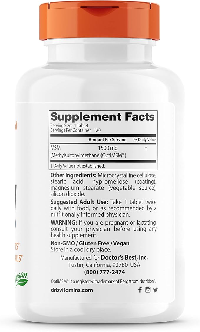 Doctor's Best MSM with OptiMSM, Non-GMO, 1500 mg, 120 Tablets (DRB-00097)