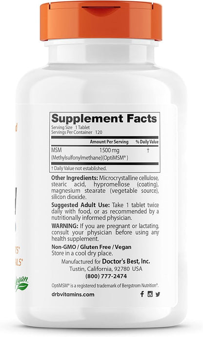 Doctor's Best MSM with OptiMSM, Non-GMO, 1500 mg, 120 Tablets (DRB-00097)
