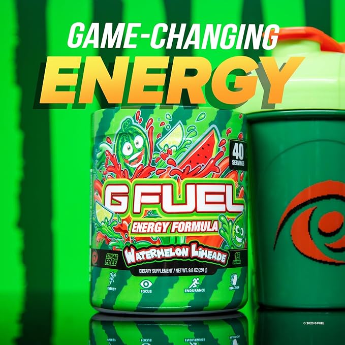 G Fuel Watermelon Limeade Energy Drink Powder, Pre Workout Caffeine Powder, Energy Powder Drink Mix for Gaming, Sugar Free Focus Amino, Vitamin + Antioxidants, 9.9oz (Watermelon Limeade, 40 Servings)