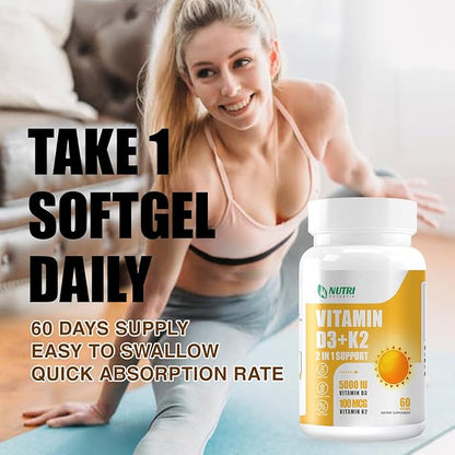 Vitamin D3 K2 with MCT Oil, Vitamin D3 5000 IU and K2 100mcg, Formula 2 in 1 for Bone and Heart Health, Gluten Free - 60 Count Softgels