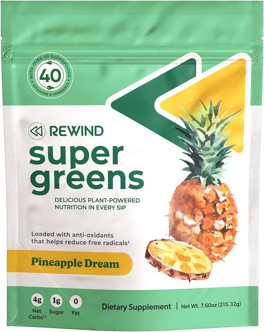 Rewind Greens - Super Greens Powder - Delicious Green Juice Drink Mix with Amazing Flavor - Over 40 Superfoods - Vitamin B12, Zinc, Vitamin C, Magnesium, and Calcium - Pineapple Dream