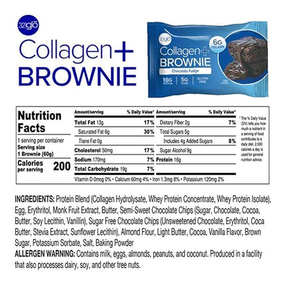 321glo Collagen Protein Brownie | Gluten Free, Low Sugar | Keto Snack for Women, Men, & Kids | 16g Protein, 6g Collagen | 12 Pack (Chocolate Fudge)