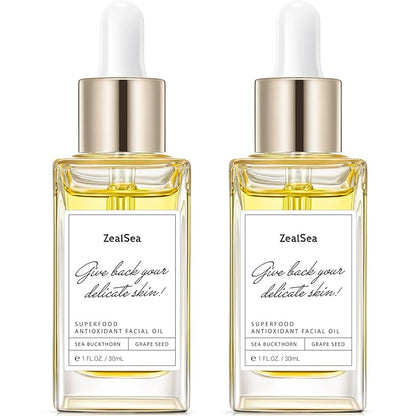 ZealSea Superfood Antioxidant Face Oil: Facial Oil with Antioxidant Rich Plant-Based Oils Hydrating and Smooth Dry Skin Care Gua Sha Massage Skin Therapy Oil for Women Men, 1 Fl Oz (Pack of 2)