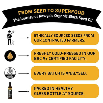 RAWYA Black Seed Oil - Organic Cold Pressed Nigella Sativa - Turkish Origin - USDA Organic - Natural Supplement - Black Cumin Seed Oil - Rich Flavor & High Concentration - 250ml Glass Bottle