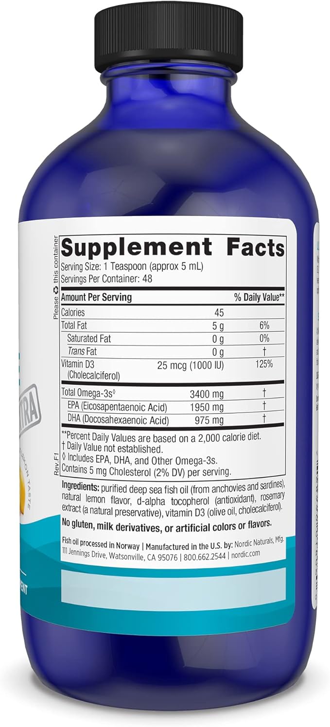 Nordic Naturals Ultimate Omega Xtra Liquid, 8 oz 3400 mg Omega-3 + 1000 IU D3 - Omega-3 Fish 48 Servings
