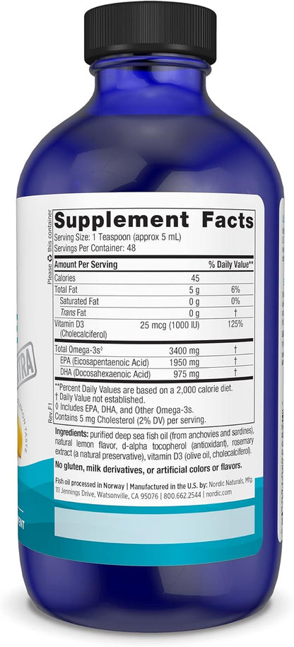 Nordic Naturals Ultimate Omega Xtra Liquid, 8 oz 3400 mg Omega-3 + 1000 IU D3 - Omega-3 Fish 48 Servings