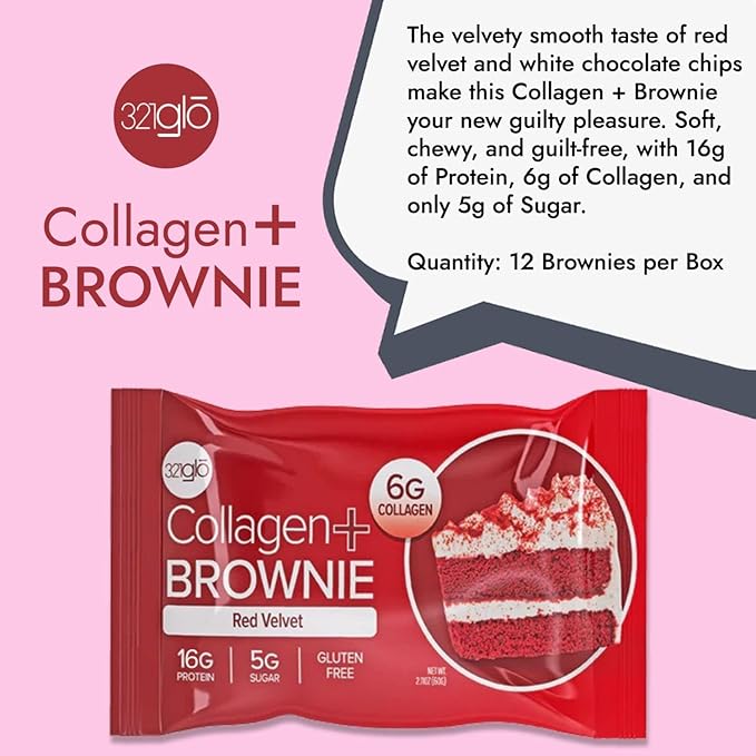 321glo Collagen Protein Brownie | Gluten Free, Low Sugar | Keto Snack for Women, Men, & Kids | 16g Protein, 6g Collagen | 12 Pack (12 Pack, Red Velvet)