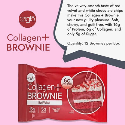 321glo Collagen Protein Brownie | Gluten Free, Low Sugar | Keto Snack for Women, Men, & Kids | 16g Protein, 6g Collagen | 12 Pack (12 Pack, Red Velvet)
