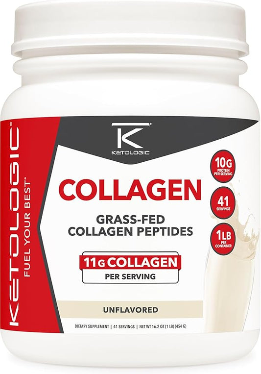 Ketologic Grass Fed Collagen Hydrolysate Powder (1 LB) 41 Servings, 11 G 10 G