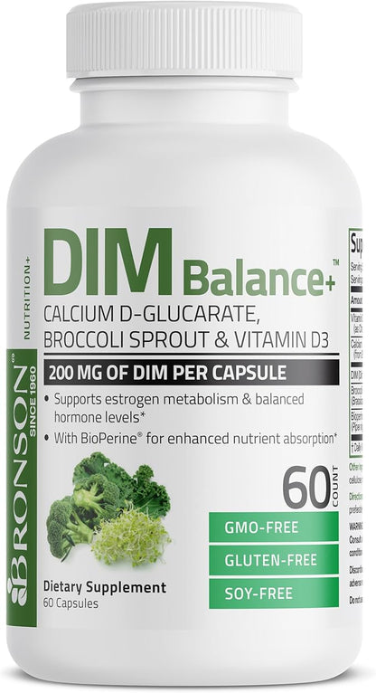 Bronson DIM Balance+ Calcium D-Glucarate, Broccoli Sprouts and Vitamin D3 200 MG of DIM per Capsule Supports Estrogen Metabolism and Balanced Hormone Levels Non-GMO, 60 Vegetarian Capsules