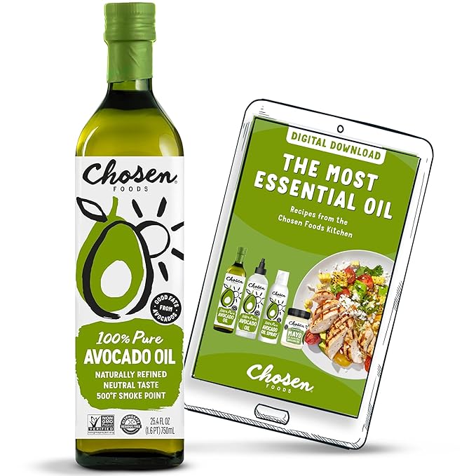 Chosen Foods 100% Pure Avocado Oil for Cooking - 25.4 floz - Rich in Good Fats, Vitamin E, Naturally Refined, High Smoke Point, Non-GMO, Soy-Free, Canola Oil-Free, Gluten-Free, Paleo, Keto + Digital Recipe Book