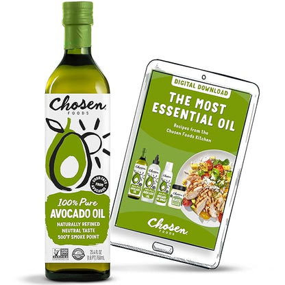 Chosen Foods 100% Pure Avocado Oil for Cooking - 25.4 floz - Rich in Good Fats, Vitamin E, Naturally Refined, High Smoke Point, Non-GMO, Soy-Free, Canola Oil-Free, Gluten-Free, Paleo, Keto + Digital Recipe Book