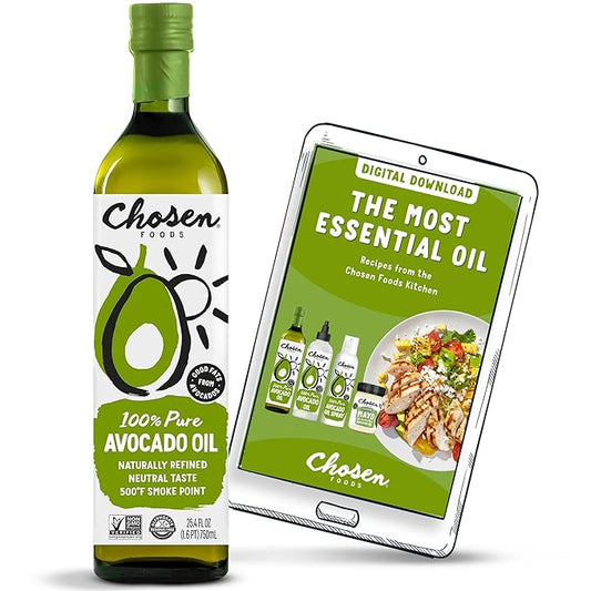 Chosen Foods 100% Pure Avocado Oil for Cooking - 25.4 floz - Rich in Good Fats, Vitamin E, Naturally Refined, High Smoke Point, Non-GMO, Soy-Free, Canola Oil-Free, Gluten-Free, Paleo, Keto + Digital Recipe Book