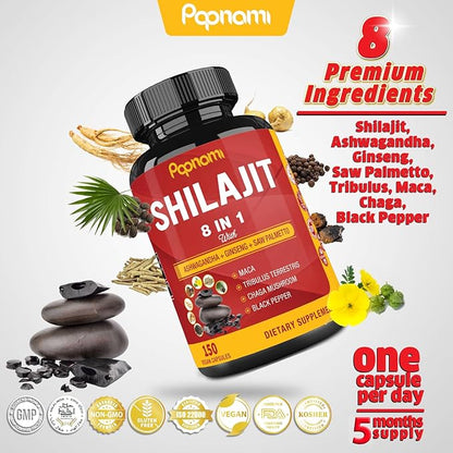 Shilajit Himalayan Supplement for Men & Women - 150 Capsules Combined Ashwagandha, Ginseng, Saw Palmetto, Maca, Tribulus, Chaga & Black Pepper - Vitality Energy and Immune Supports