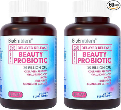 BioEmblem Beauty Probiotics for Women, 35 Billion CFU 14 Strains with Biotin, Collagen, Prebiotics for Digestive Health, Hair Skin and Nails, Vaginal Probiotics Supplement, Shelf Stable, 60 Caps