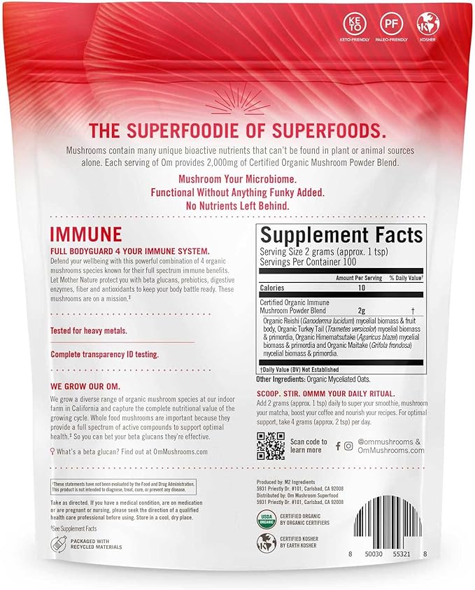 Om Organic Mushroom Superfood Powder, Immune, (100 Servings), Reishi & Turkey Tail, Immune Support Supplement, 7.05 Ounce (Pack of 1)