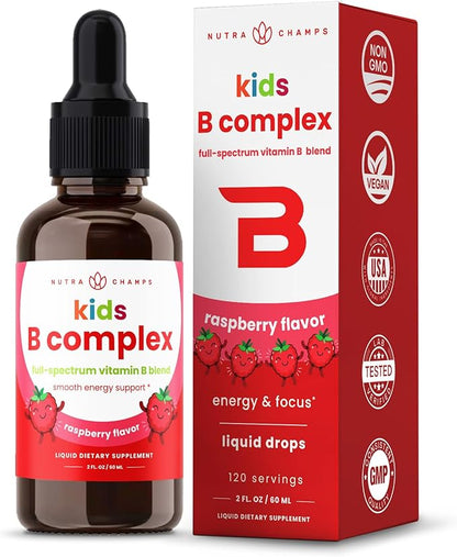 Vitamin B Complex for Kids | B1, B2, B3, B6, B7, B9 & Methyl B12 | Kids B Complex Liquid Drops Supplement | Energy, Focus, Metabolism | Vegan & Non-GMO | Natural Berry | 120 Servings | 4 Month Supply