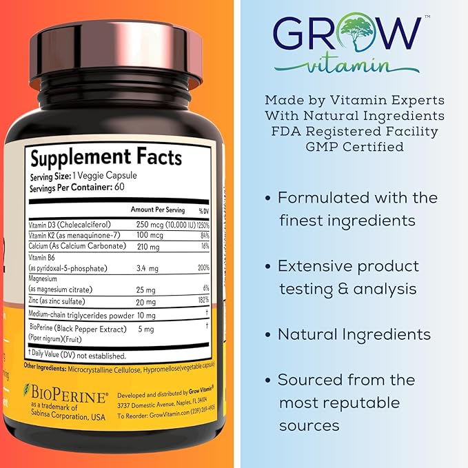 grow vitamin D3 K2 w/MCT Oil - 10,000 IU D3, 100 mcg K2 MK7, Calcium, Zinc, BioPerine, Magnesium for Superior Absorption - 60 Capsules