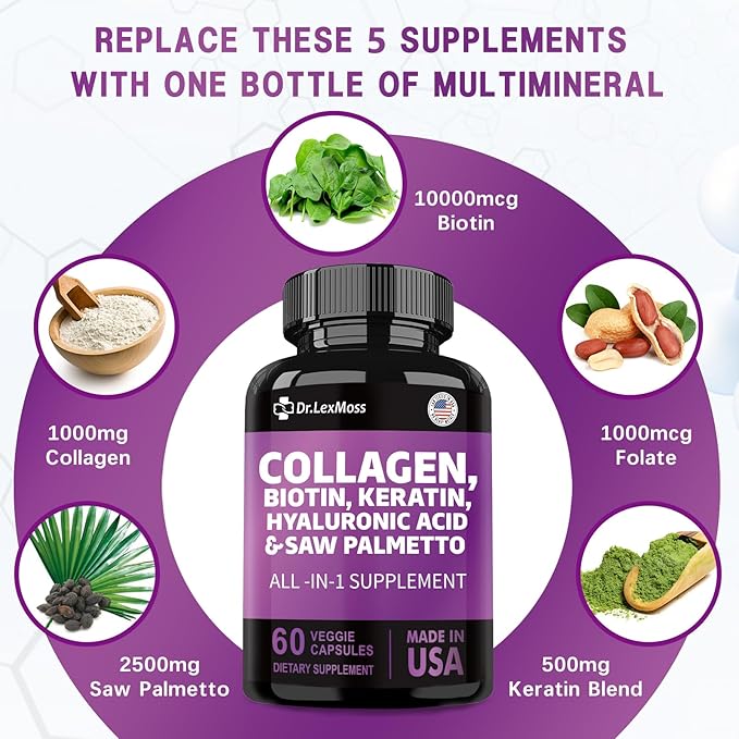 Collagen Pills 1000mg Biotin 10000mcg Keratin 2500mg Hyaluronic 60 Capsules