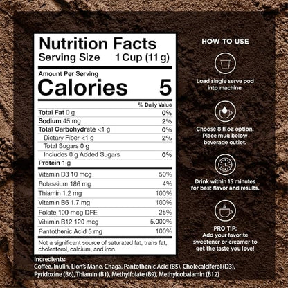 VitaCup Mushroom Coffee Pods - Boost Focus & Immunity with Lions Mane, Chaga, Vitamins, for Memory & Clarity, Recyclable K-Cup Pods, 16 Ct