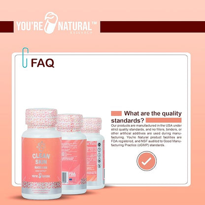 YOU'RE NATURAL Clean Skin Supplement | Acne Support | Skin Support Vitamins for Women, Men & Teens, Vitamin A, Zinc, DHA, Vitamin B3, Vitamin C, Vitamin E - Gluten Free - Made in USA - 60 Capsules
