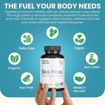 Atlantic Naturals Organic Sea Moss Capsules | Immune System, Thyroid Health, Beautiful Skin and Digestion Multivitamin Supplement | 120 Irish Sea Moss Capsules | Better Than Gel Powder
