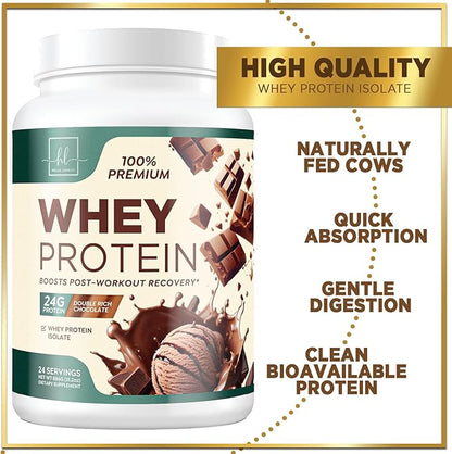 Whey Protein Powder, Rich Double Chocolate 24g Protein 24 Servings