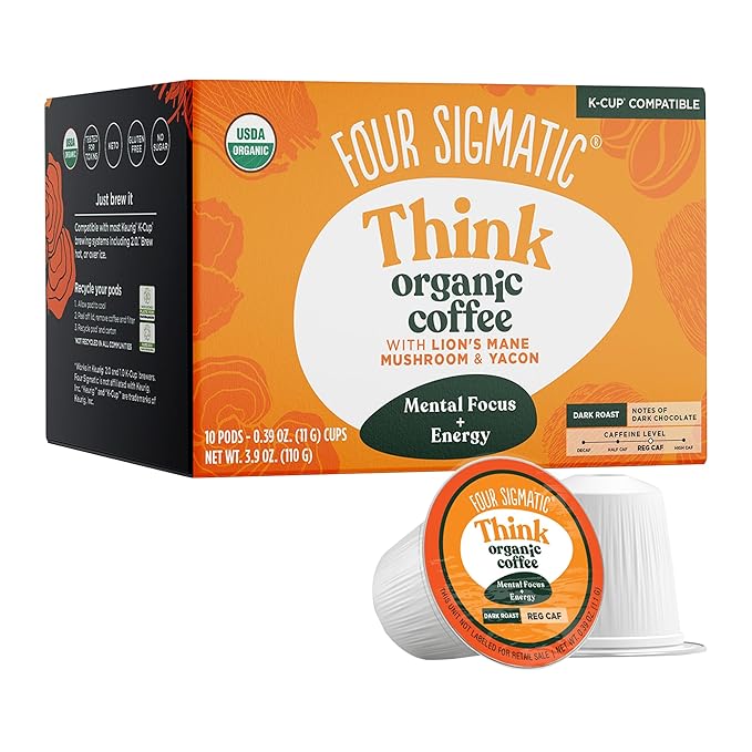 Four Sigmatic Mushroom Coffee K-Cups | Organic Dark Roast Coffee with Lion’s Mane Mushroom Powder & Yacon | Focus & Immune Support | Vegan & Keto | Sustainable Pods | 10 Count