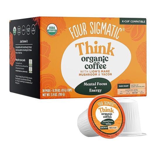 Four Sigmatic Mushroom Coffee K-Cups | Organic Dark Roast Coffee with Lion’s Mane Mushroom Powder & Yacon | Focus & Immune Support | Vegan & Keto | Sustainable Pods | 10 Count
