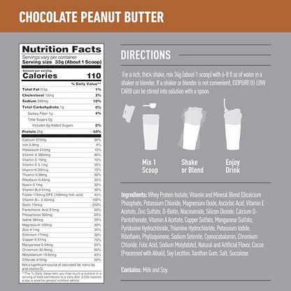 Isopure Low Carb 100% Pure Whey Isolate Protein Powder, Lactose Free, Gluten Free, With Vitamins, Chocolate Peanut Butter, 25g Protein Per Serving, 3 Lbs, 40 Servings