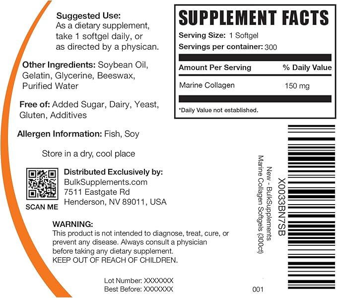 BulkSupplements.com Marine Collagen Softgels 1 Softgel (150mg), 300 300 Softgels